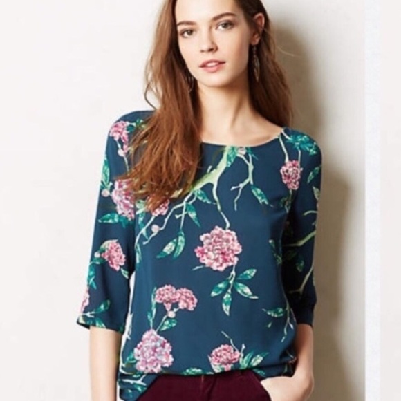 Anthropologie HD Paris Eira Green Floral Top - Picture 1 of 3